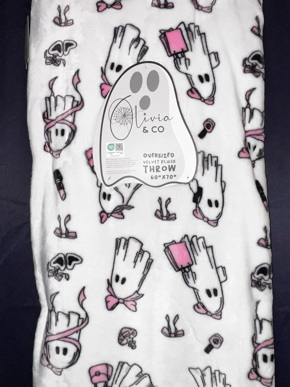 Olivia & Co White and Pink Ghost-Print velvet soft fall blanket -